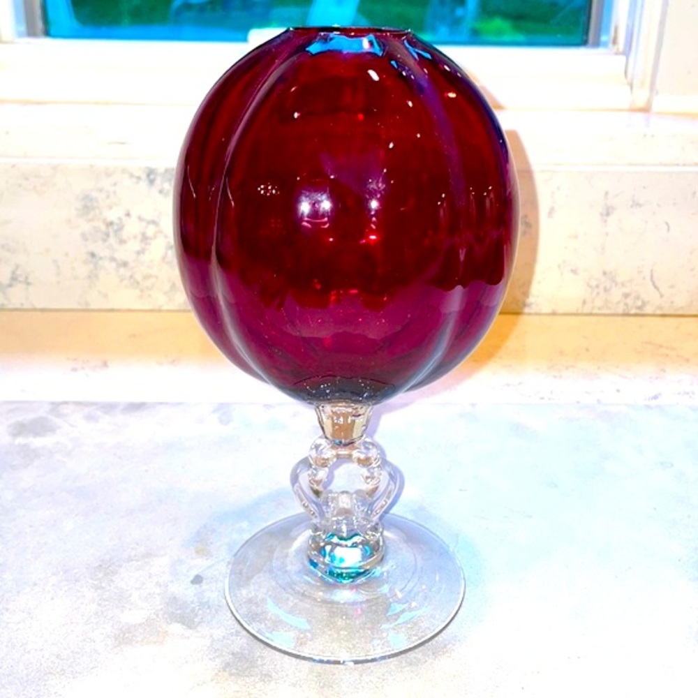 Ruby Red Carmen Vase Cambridge Glass Co. Ivy Ball Circa 1930’s EAPG Keyhole Stem